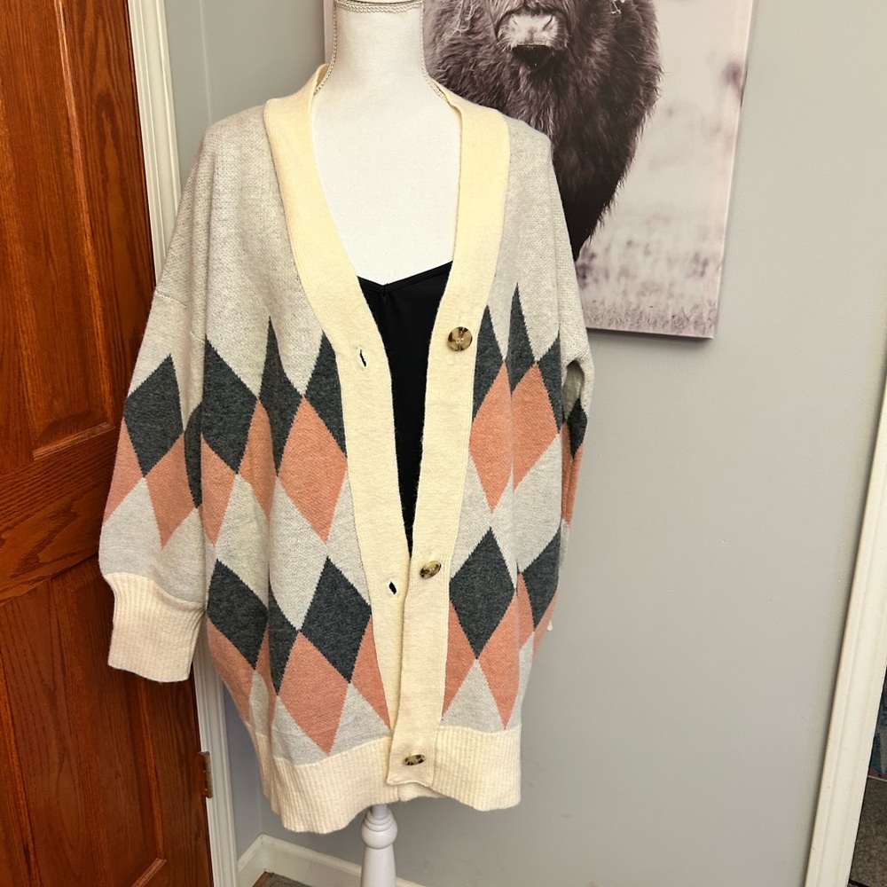 Women's Argyle Cardigan Sweater - Cream, Gray, and Pink